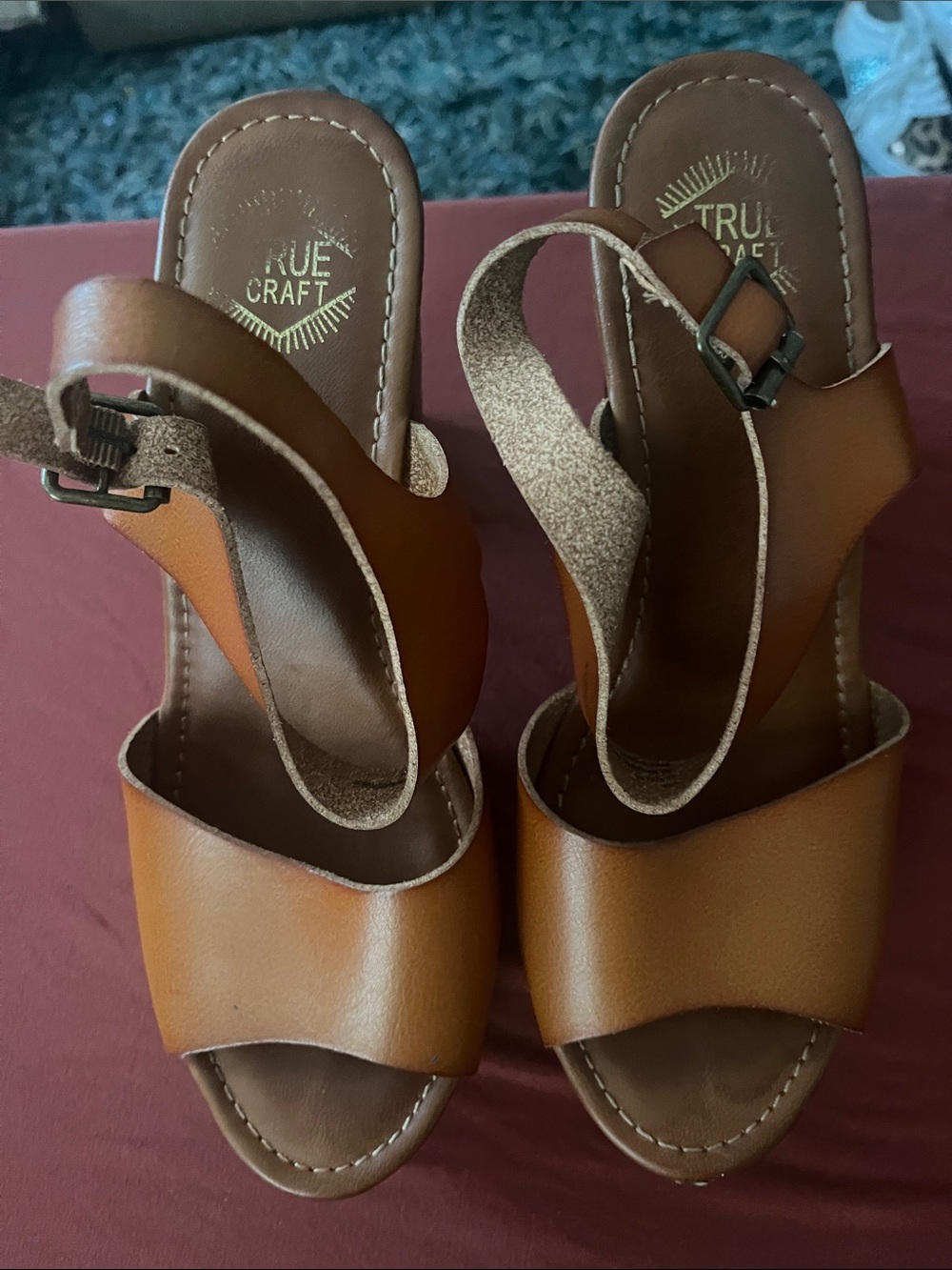 True Craft Brown Leather Open-Toe Slingback Heels